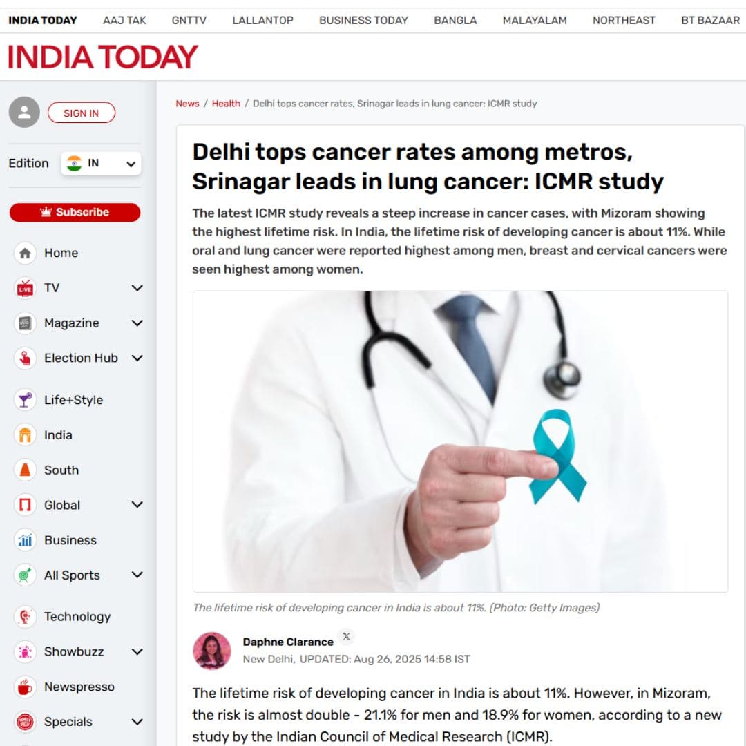 Delhi tops cancer rates among metros, Srinagar leads in lung cancer: ICMR study